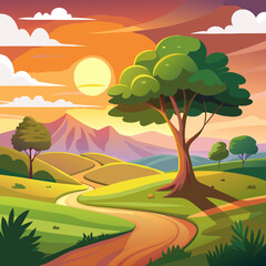 Fototapeta premium Stylized landscape with rolling hills and a winding road at sunset