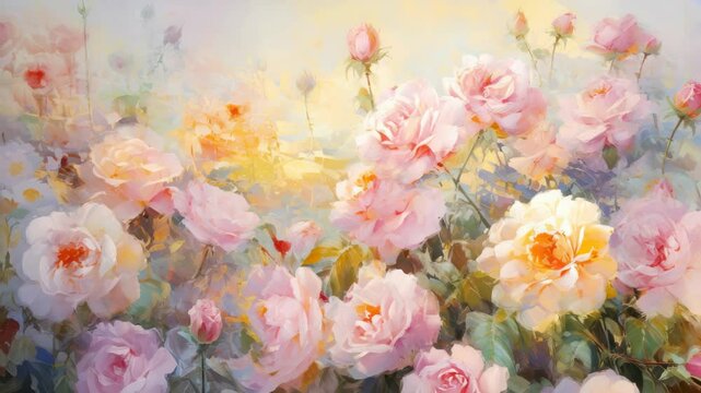 A dreamy, impressionistic view of blooming roses with soft pastel hues. Captured from a low angle, ideal for a romantic video backdrop. Live desktop wallpaper.