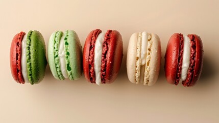 Colorful macarons arranged on a beige background.