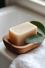 Reusable wooden soap dish with natural bar soap and green leaf accent