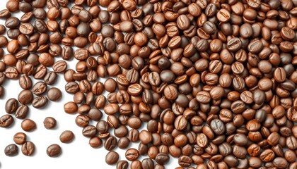 Fototapeta premium A rich pile of coffee beans, isolated on white, showing texture and detail, energy, isolated