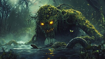 Swamp monster in a mysterious dark forest