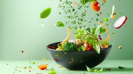 Fresh ingredients in a flying salad composition.