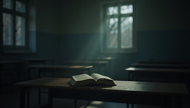 Quiet Corner of Learning Sunlight Illuminates a Book on a Classroom Desk