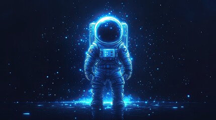 Cartoon astronaut pixel art glowing with neon blue details for retro sci-fi space exploration and digital gaming themes
