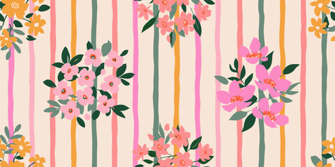 Trendy floral seamless pattern with vertical stripes. Modern flowers print in cute design for fabric, textiles, clothing, packaging, cover, banner, home decor and backgrounds. Vector illustrations.