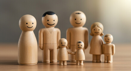 Wooden family figurines representing togetherness, love, and the bond of unity among relatives