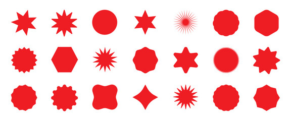 Starburst stickers. Set of red starburst, starburst labels. Black icons on white background.