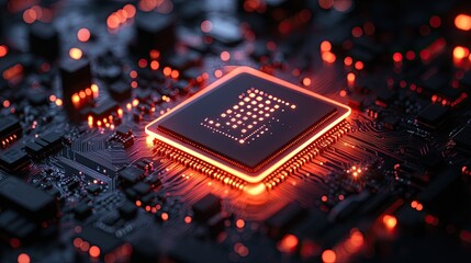 Close-up of glowing processor chip with circuits, futuristic AI, computing power, and tech component design in neon