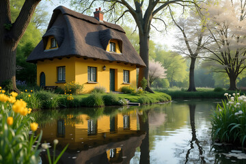 Naklejka premium Yellow cottage thatched roof by tranquil lake reflection