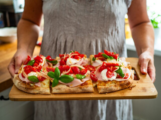 Woman holding board with Pinsa Romana with boiled ham, burrata cheese, basil leaves and cherry tomatoes