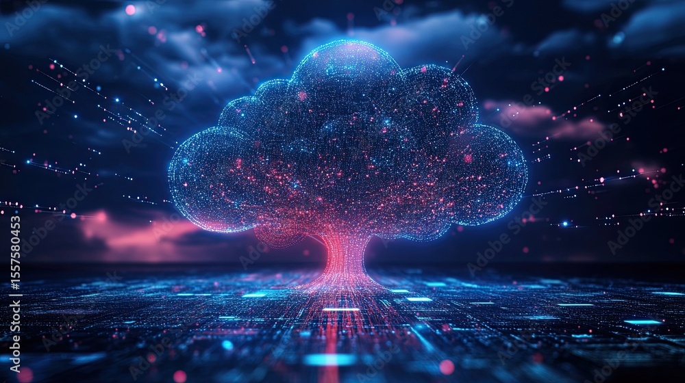 Poster cloud computing knowledge tree illustration, digital data storage and cloud-based education concept