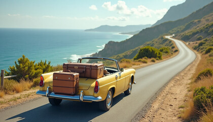 Coastal road adventure with vintage car and luggage, scenic road trip journey