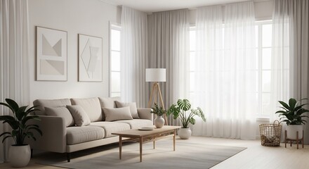 Modern living room interior design featuring a light beige couch, wooden coffee table, and large window with sheer curtains.