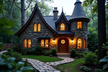 Fototapeta premium Enchanting stone cottage with glowing windows fairytale