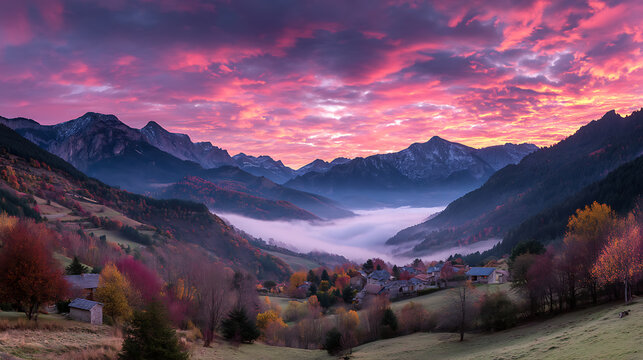 Breathtaking autumn sunrise over misty mountain valley village
