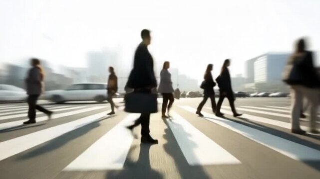 Back lit figures crossing the street in a blur, capturing the essence of city hustle. Sparse, white background