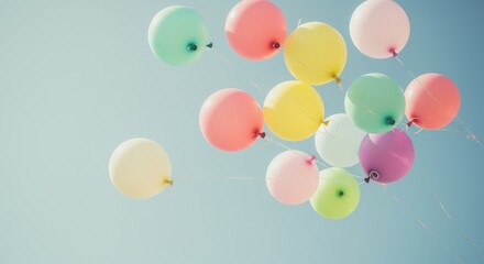 A cluster of colorful balloons floats against a bright, cloudy sky, creating a joyful scene.