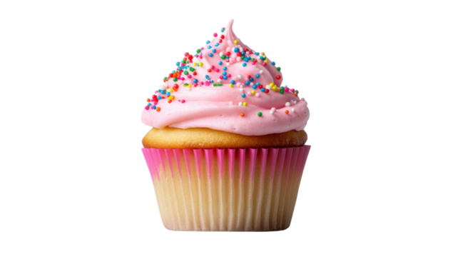 Cupcake with pink icing swirl and decorative topping sweet dessert with soft cake base and colorful frosting isolated on white background