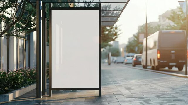 The scene depicts a modern city street at sunset, featuring a digital sign integrated into the sidewalk infrastructure.