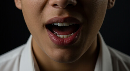 A close-up of a person's open mouth expressing strong emotion against a dark backdrop showcases