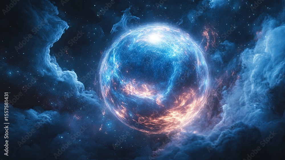 Aufkleber concept art of energy sphere glowing with cosmic light, floating in abstract space with science fict