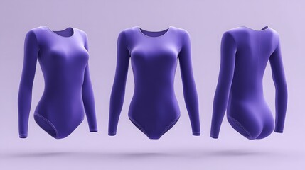 purple gymnastics leotard mockup, women’s long-sleeve, dancewear and performance apparel 

