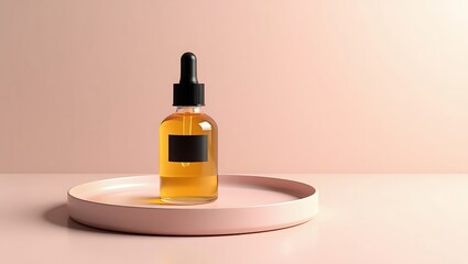 Naklejka premium Amber serum bottle with black label on a pink tray against a pink background