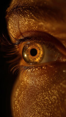 Ultra-Realistic Cinematic Macro Close-Up of a Human Eye with Radiant Golden Iris, Detailed Eyelashes, and Glittering Skin Illuminated by Warm Studio Lighting