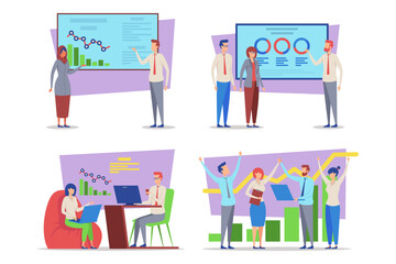 Team of professionals engaged in various activities such as presenting data on graphs, discussing strategies, and working together at desks and in relaxed settings. Collaboration concept