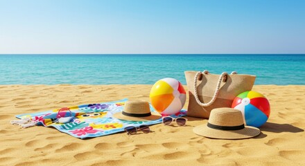 Beach scene with beach balls, hats, sunglasses, a tote bag, and a colorful towel on the sand.