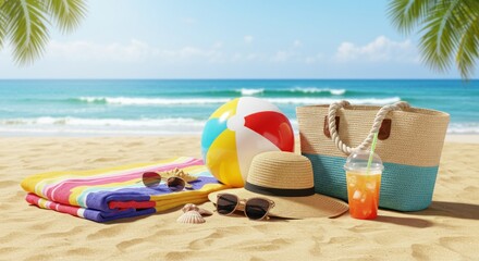 Beach scene with accessories, including a hat, bag, and towels.