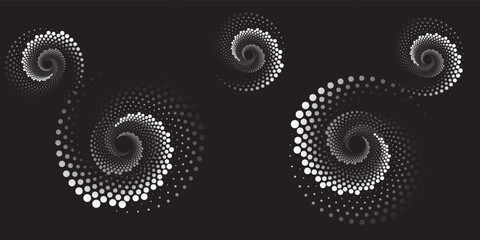 Halftonewhite circular dotted frames set. Circle dots texture isolated on black background. Spotted spray texture.Modern simple art good abstract graphic line vector