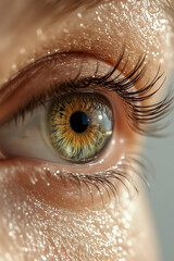 Ultra HD Macro Shot of a Human Eye with Radiant Hazel-Green Iris, Intricate Pupil Pattern, and Long Eyelashes Highlighted by Natural Light and Detailed Skin Texture