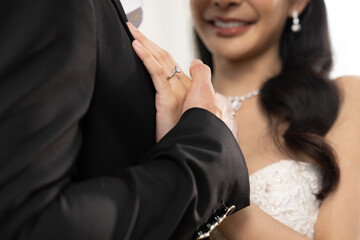 Bride groom wedding ring love happiness couple jewelry dress suit closeup romantic celebration...