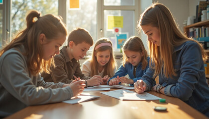 Young students intently studying educational materials in a bright classroom