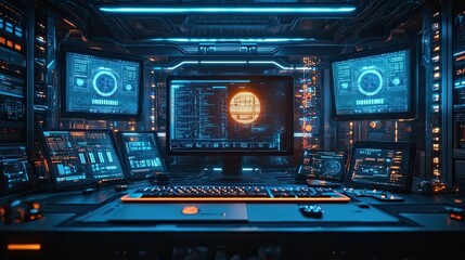 Obraz premium Cyberpunk futuristic workstation glowing with neon blue lights and digital screens representing high-tech workspace concepts