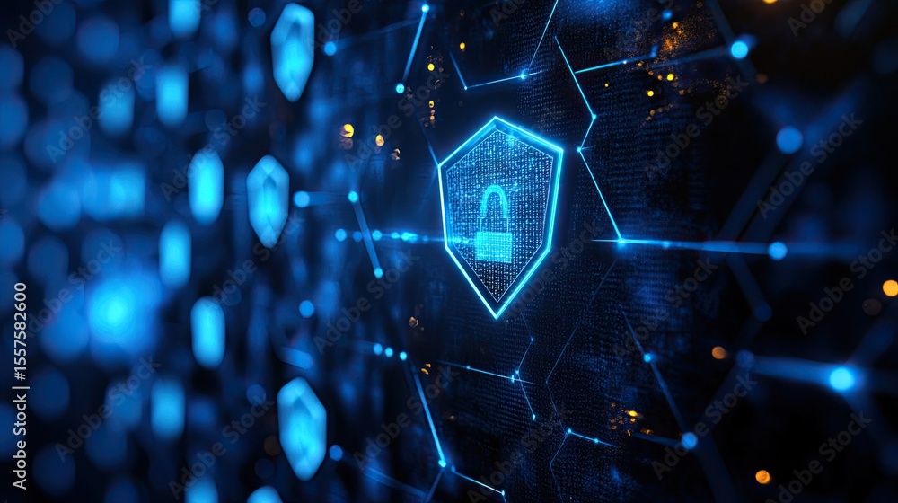 Aufkleber cybersecurity hexagon concept with glowing blue hexagonal patterns and shield shapes illustrating di