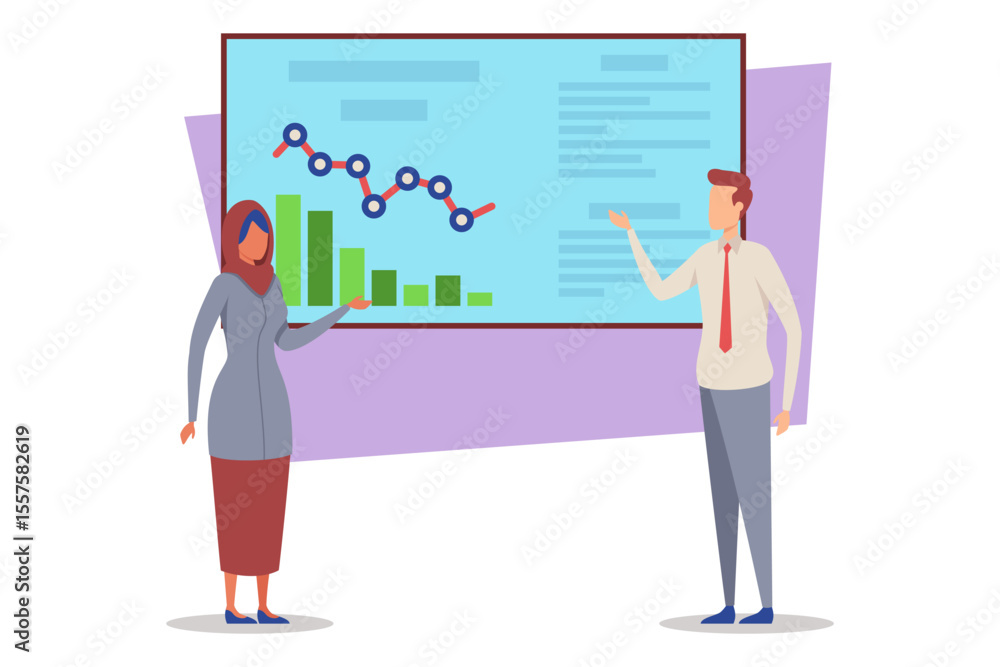 Poster two professionals engaged in business presentation, discussing data trends on large display board, w
