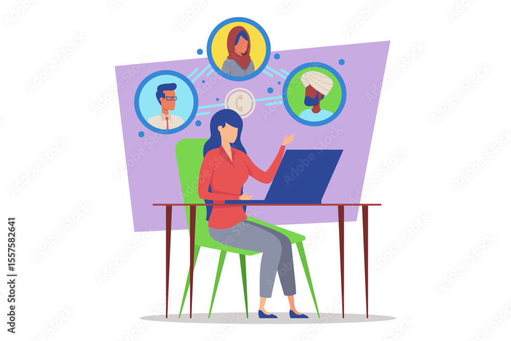 Poster person in engaged in virtual meeting using laptop. woman gesturing towards floating graphics of othe