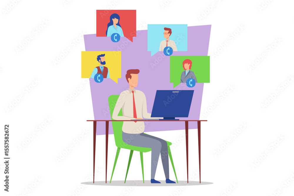 Poster man sitting at desk working on computer while participating in virtual meeting. colorful speech bubb