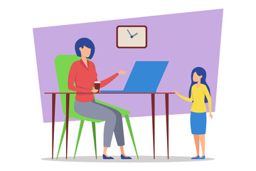 Woman sitting at desk with laptop while enjoying drink in cozy home office with clock on wall. Child standing beside her, engaging in conversation