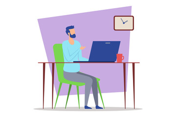 Person sitting in green chair at desk, engaged with laptop with clock above desk, and coffee cup beside laptop, indicating work environment