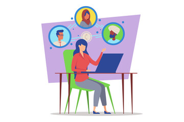 Person in engaged in virtual meeting using laptop. Woman gesturing towards floating graphics of other participants. Collaboration in digital workspace concept