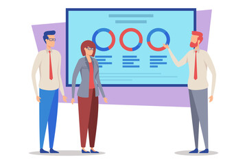 Three business professionals engaged in presentation about analytics, reviewing trends on large screen. People discussing data in modern office environment