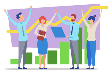 Obraz premium Diverse group of four professionals cheering while celebrating project achievement. Graphs and charts illustrating growth in background