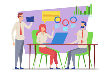 Three professionals engaged in team meeting, discussing analytics and strategies around table. One presenting on tablet while others analyzing data visuals on laptop