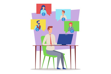 Man sitting at desk working on computer while participating in virtual meeting. Colorful speech bubbles showing team members in conversation. Collaboration and productivity concept
