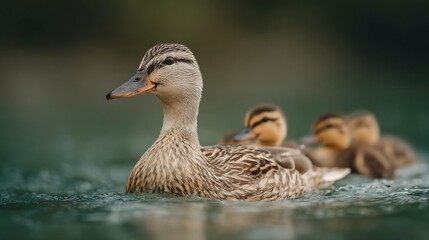 Duck and ducklings swim