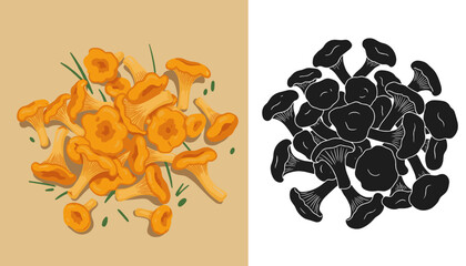 Set of forest mushrooms top view in black and orange for organic food design